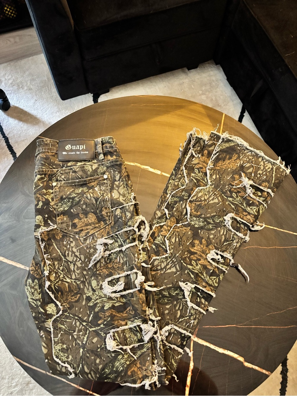 Guapi Distressed Camouflage Stacked Jeans - Brown/Green Camo